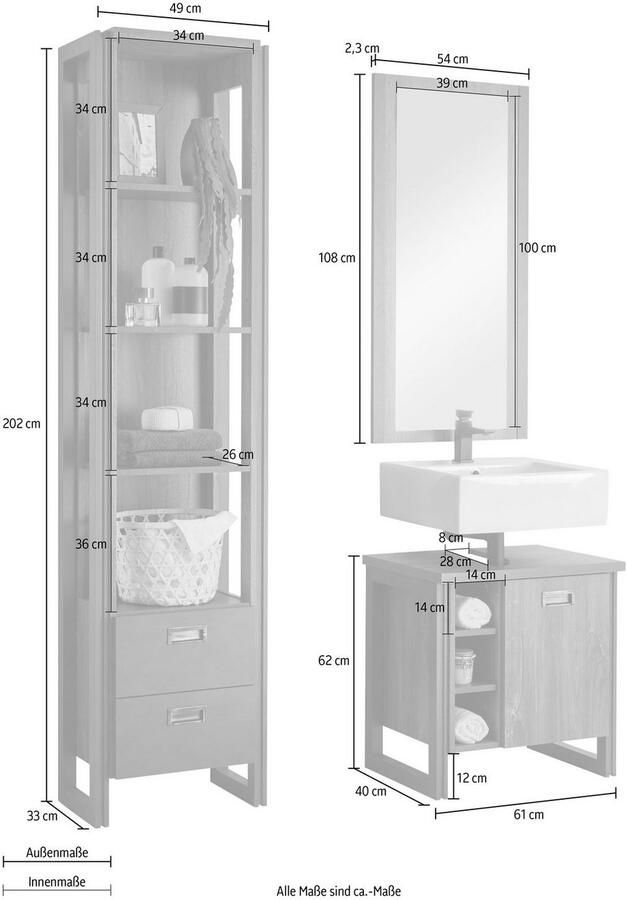 Home affaire Badkamerserie Detroit badkamer in industriële stijl 3-delig badkamer Onderkast rek & spiegel houtkleurig open vakken & opbergruimte (set 3-delig) - Foto 5