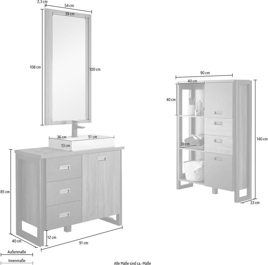 Home affaire Badkamerserie Detroit badkamer in industriële stijl 3-delig badkamer Waschtafel highboard & spiegel inclusief mineraalgiet opzetwastafel (set 3-delig) - Foto 2