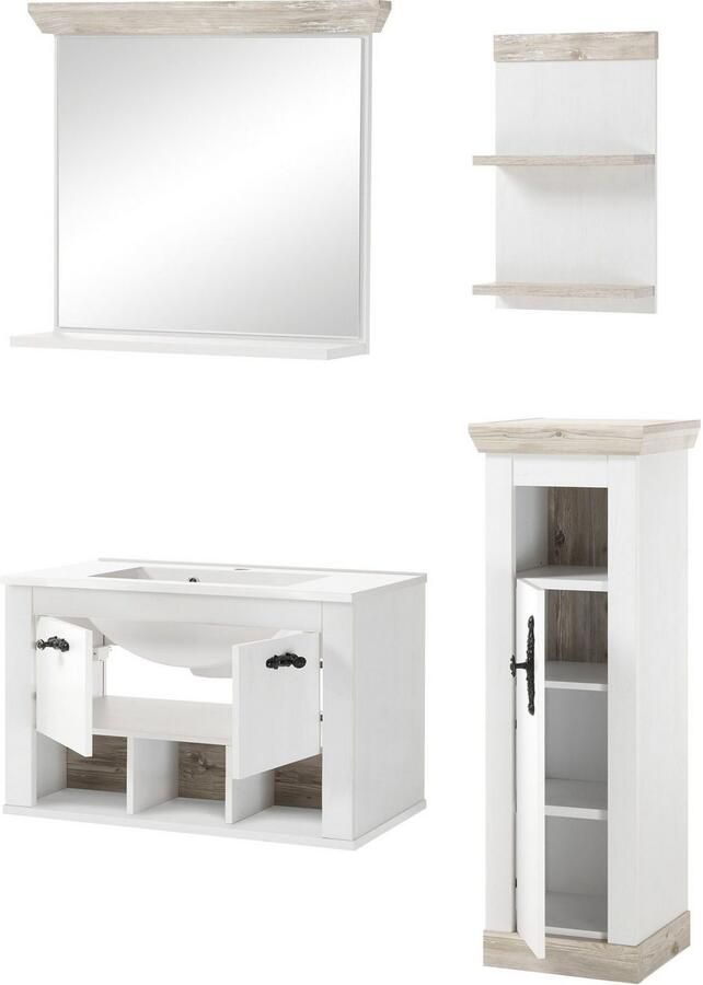 Home affaire Badkamerserie Florenz badkamer in landhuisstijl 4-delig badkamer Hangwastafel kast wandplank en spiegel in grenen wit (4-delig) - Foto 5