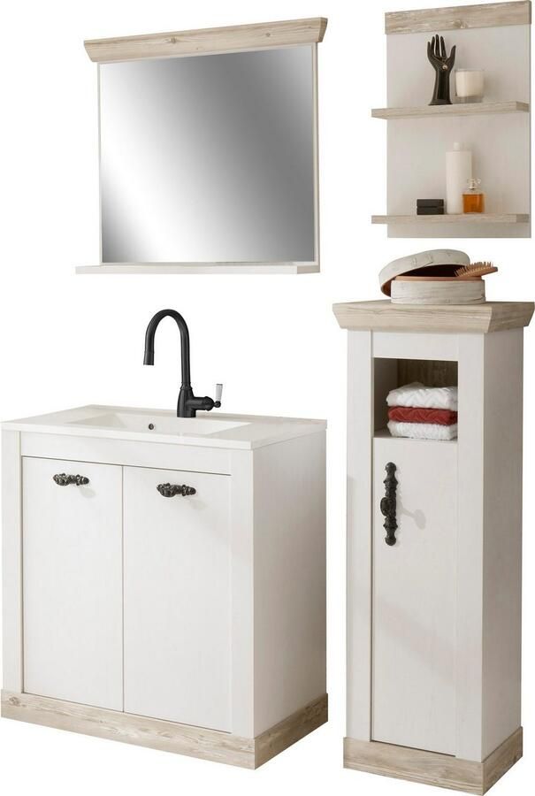 Home affaire Badkamerserie Florenz badkamer in landhuisstijl 4-delig badkamer Waschtafel kast wandplank en spiegel in dennenwit opbergruimte (4-delig) - Foto 11