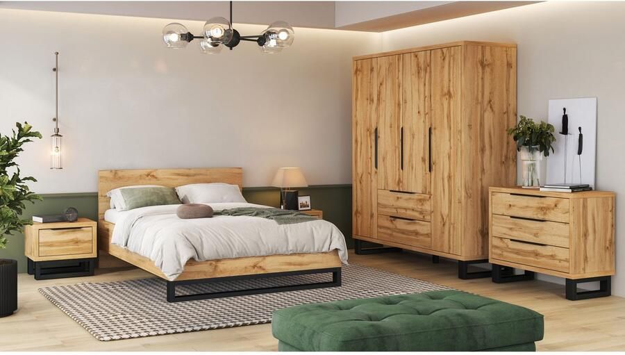 Home affaire Nachtkastje Bronne breedte 55 cm nachtkastje met 1 lade Moderne nachtkast metalen greep poten in sledevorm - Foto 5