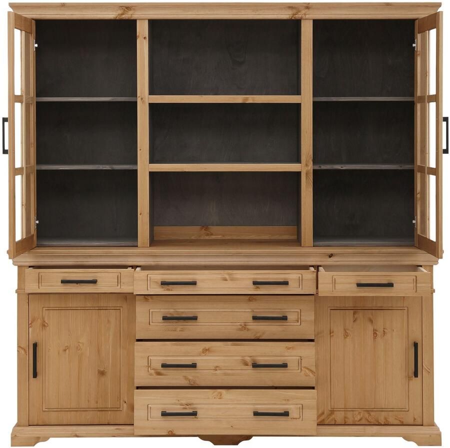 Home affaire Buffetkast Anabel met glazen deuren en metalen handgrepen Keukenbuffet van massief dennenhout met schuifdeuren B H 186 190 cm