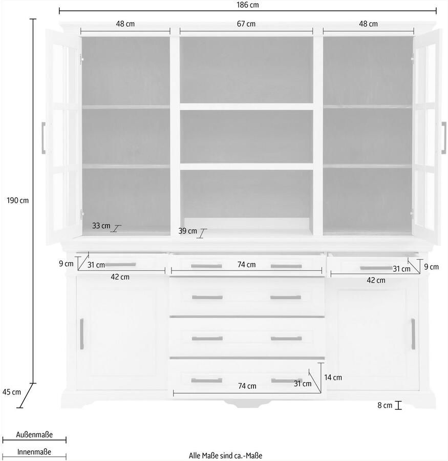 Home affaire Buffetkast Anabel met glazen deuren en metalen handgrepen Keukenbuffet van massief dennenhout met schuifdeuren B H 186 190 cm