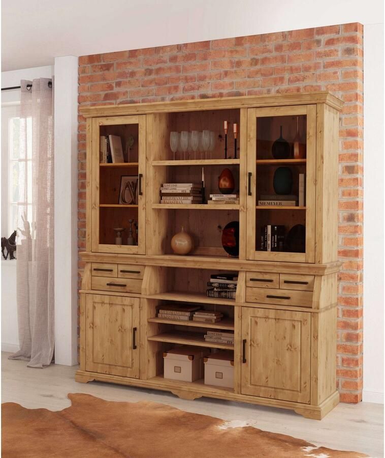 Home affaire Buffetkast Anabel met glazen deuren en zwarte metalen handgrepen gecertificeerd massief hout breedte 186 cm hoogte 199 cm