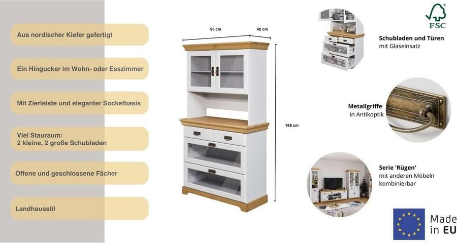 Home affaire Buffetkast Rügen gecertificeerd massief hout hoogte 168 cm in landhuisstijl - Foto 10