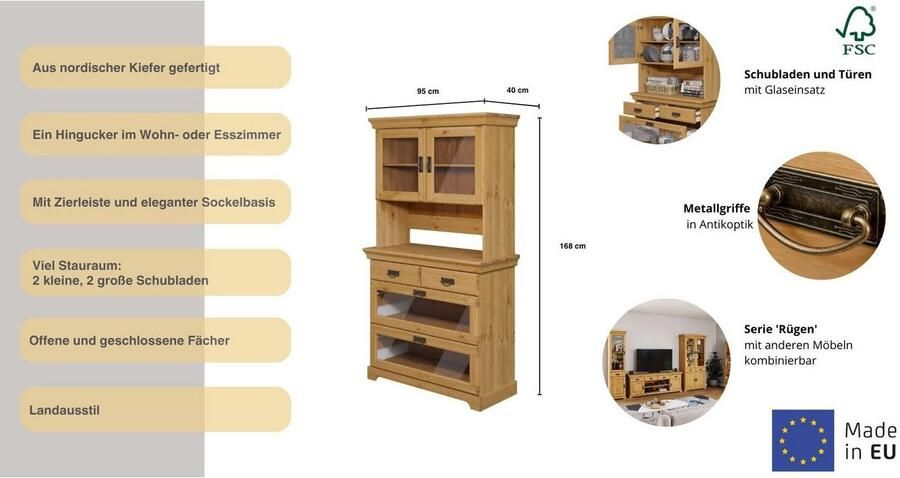 Home affaire Buffetkast Rügen gecertificeerd massief hout hoogte 168 cm in landhuisstijl - Foto 6