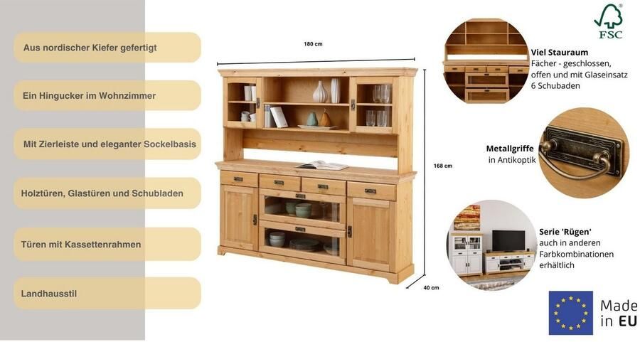Home affaire Buffetkast Rügen gecertificeerd massief hout in landhuisstijl - Foto 10