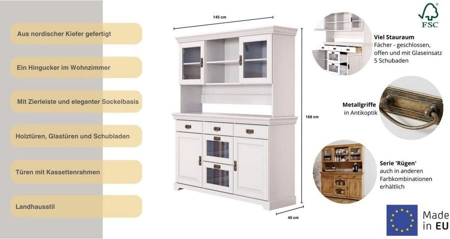 Home affaire Buffetkast Rügen gecertificeerd massief hout in landhuisstijl - Foto 7