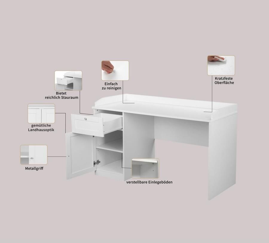 Home affaire Bureau Aalborg in landhuisstijl met lade verhoogde tafelrand breedte 140 cm