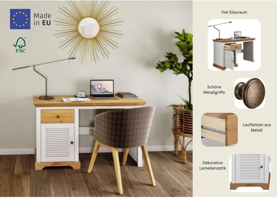 Home affaire Bureau Ayanna Massief hout met lade en deur lamellenfront breedte 130 cm - Foto 4