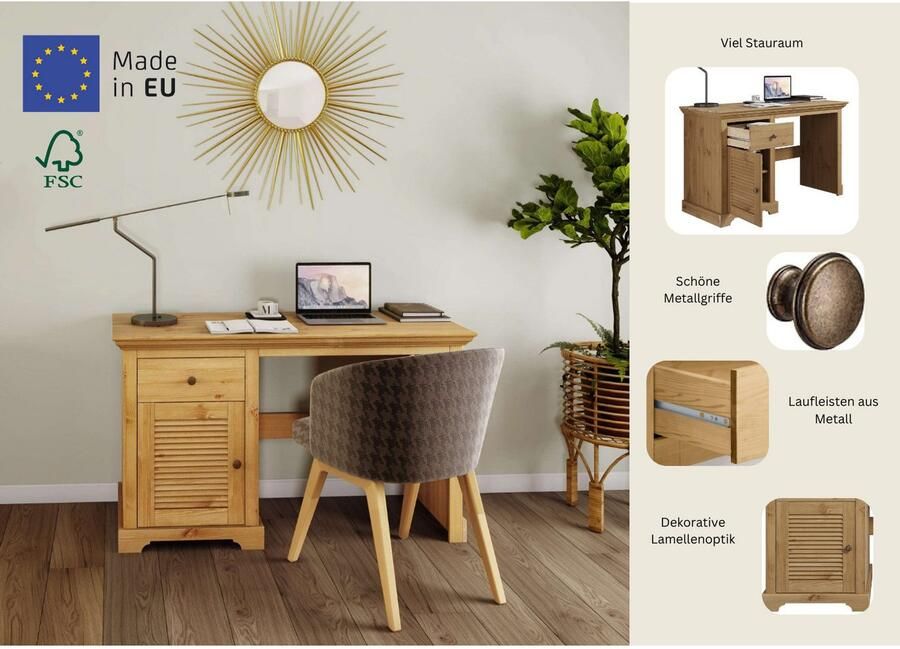 Home affaire Bureau Ayanna Massief hout met lade en deur lamellenfront breedte 130 cm - Foto 4