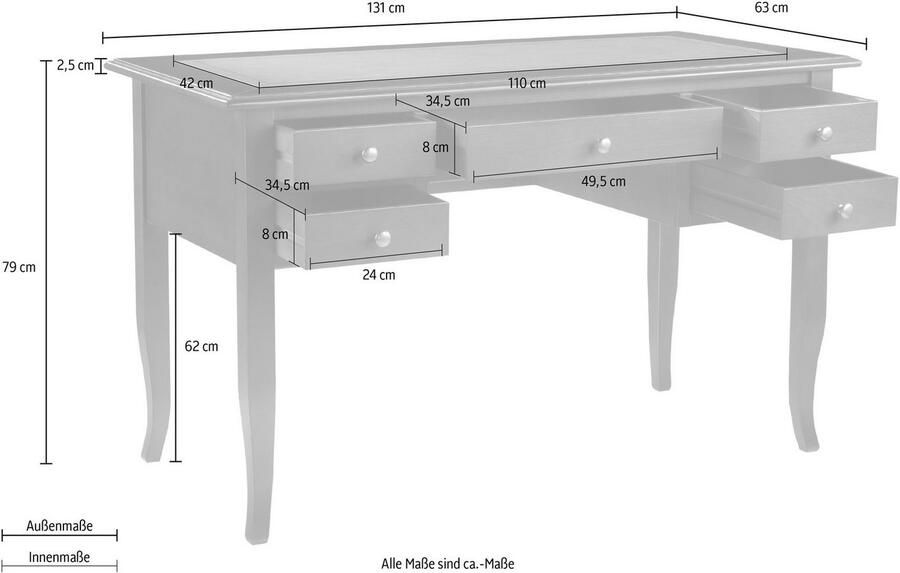 Home affaire Bureau Conte bureau met lades en knoppen grepen Breedte 131 cm tafelblad gedeeltelijk van kunstleer - Foto 6