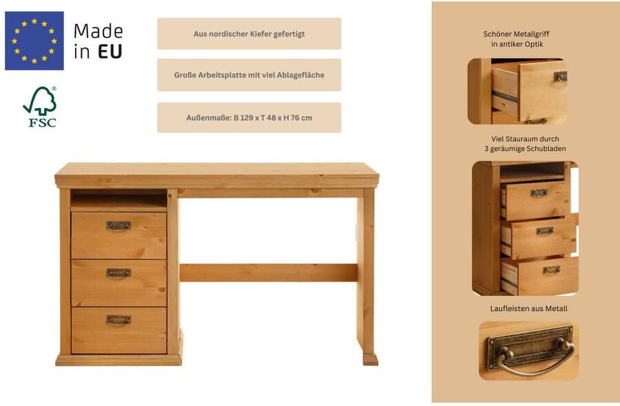 Home affaire Bureau Konrad van gecertificeerd massief hout met lades breedte 129 cm - Foto 6