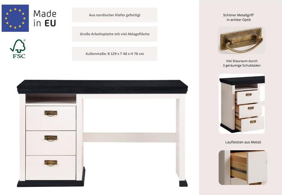 Home affaire Bureau Konrad van gecertificeerd massief hout met lades breedte 129 cm - Foto 2