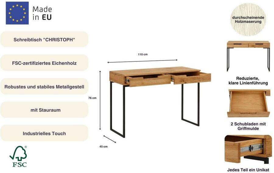 Home affaire Bureau Laptoptafel eikenhout met 2 lades filigraan metalen frame - Foto 6