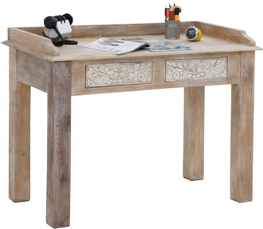 Home affaire Bureau Lavin Mangohout met decoratief houtsnijwerk met de hand gemaakt breedte 111 cm