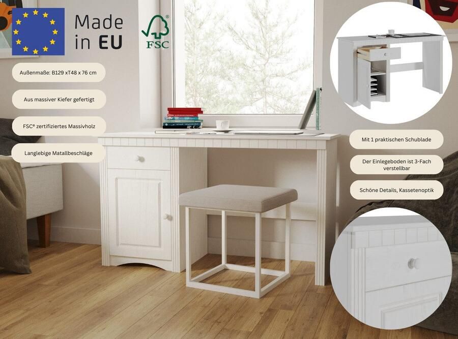 Home affaire Bureau Leuhan Van massief grenen met een lade in 2 kleuren - Foto 3