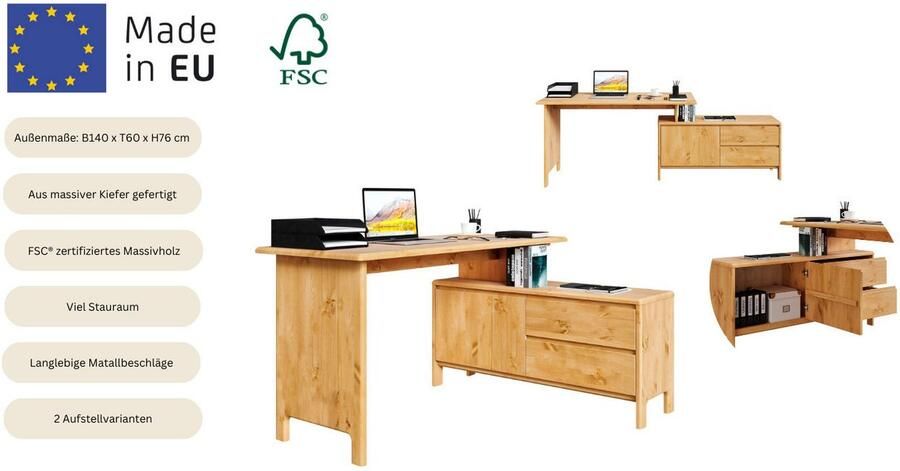 Home affaire Bureau Luven van massief hout in 2 breedtes variabel gebruik als bureau of hoekbureau - Foto 6