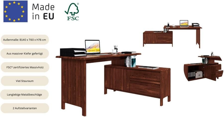 Home affaire Bureau Luven van massief hout in 2 breedtes variabel gebruik als bureau of hoekbureau - Foto 6