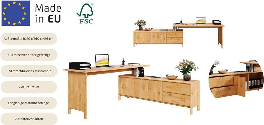 Home affaire Bureau Luven van massief hout in 2 breedtes variabel gebruik als bureau of hoekbureau - Foto 7