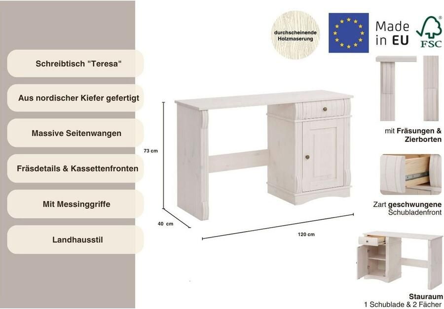Home affaire Bureau Teresa Computertafel met lades massief hout breedte 120 cm - Foto 3