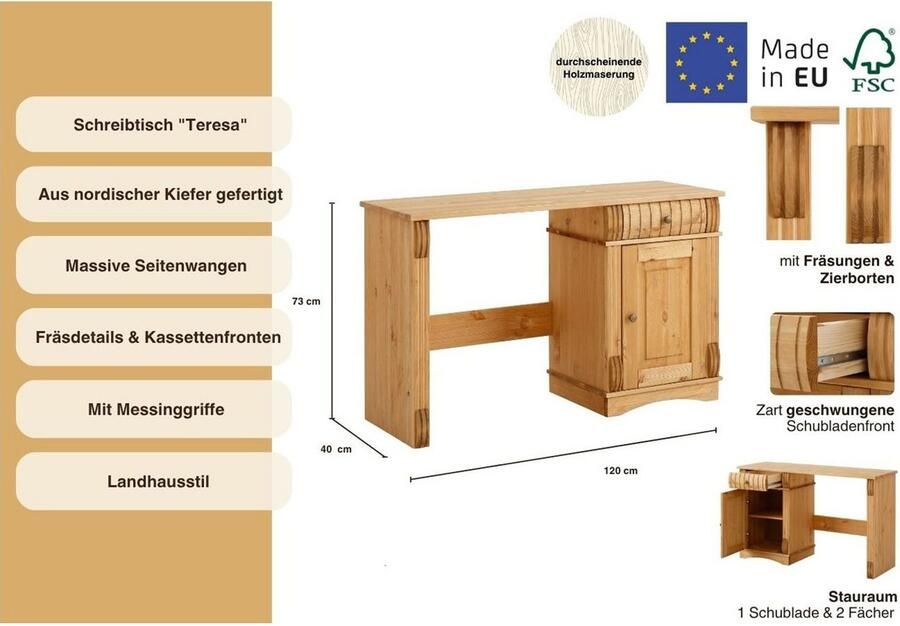 Home affaire Bureau Teresa Computertafel met lades massief hout breedte 120 cm - Foto 2
