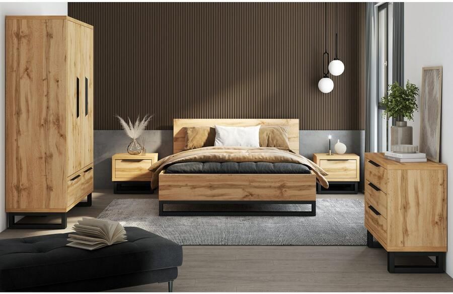 Home affaire Nachtkastje Bronne breedte 55 cm nachtkastje met 1 lade Moderne nachtkast metalen greep poten in sledevorm - Foto 4