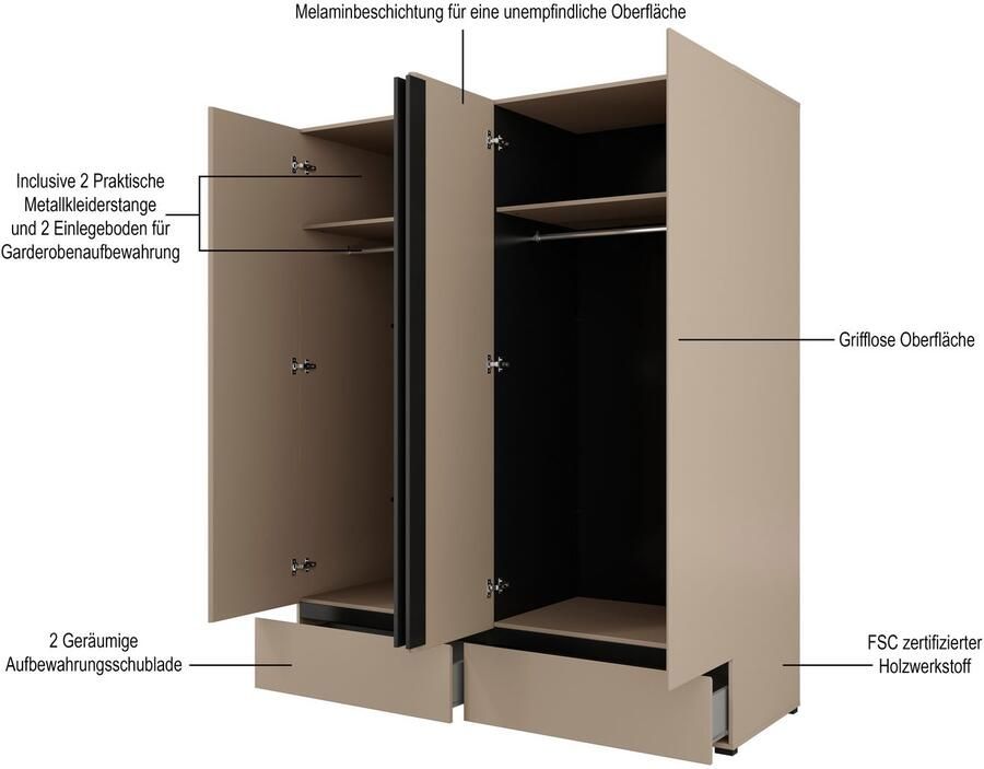 Home affaire Draaideurkast Cross moderne greeploze kledingkast Lingeriekast met lade garderobe deuren - Foto 2