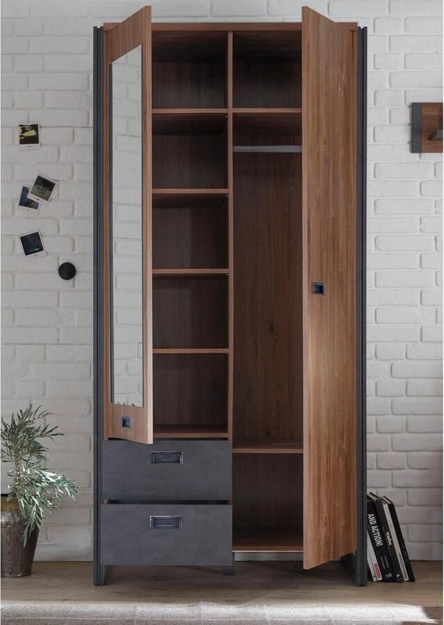 Home affaire Draaideurkast Detroit lades in leisteenlook metalen grepen Kledingkast met spiegel garderobe in de breedtes: 99 143 of 232cm