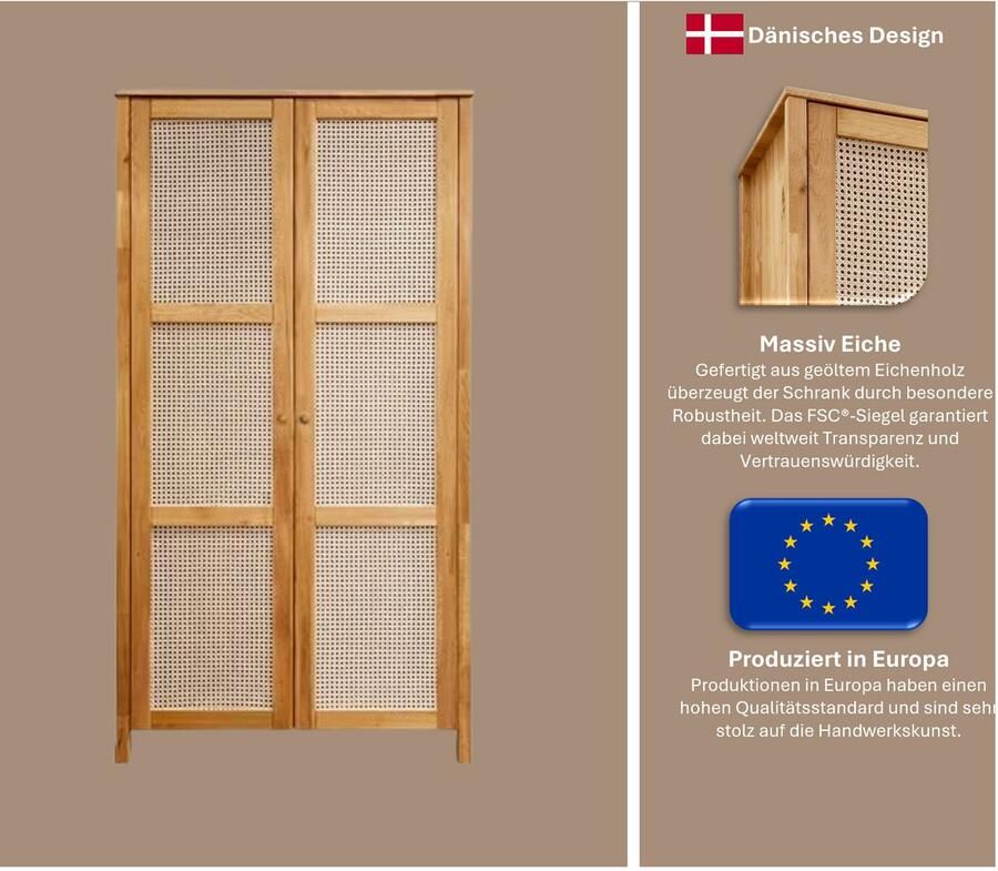 Home affaire Draaideurkast Hällevik kledingkast opslag opbergruimte Deurfronten met Weens vlechtwerk FSC gecertificeerd massief eiken - Foto 2
