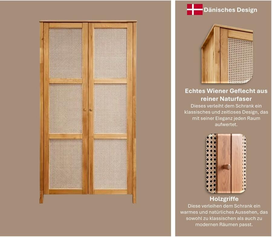 Home affaire Draaideurkast Hällevik kledingkast opslag opbergruimte Deurfronten met Weens vlechtwerk FSC gecertificeerd massief eiken - Foto 3