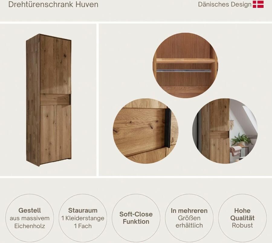 Home affaire Draaideurkast Huven kledingkast met veel opbergruimte van massief eikenhout Scandi 218cm hoog 1 kledingstang & 1 vak beugelgreep & Soft-Close - Foto 2
