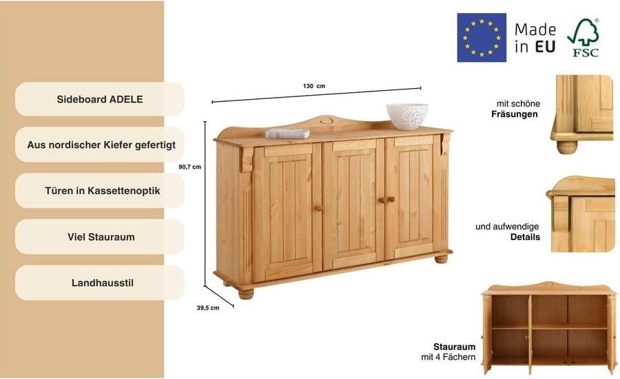 Home affaire Dressoir ADELE Commode 3-deurs breedte 130 cm van massief dennenhout FSC - Foto 6