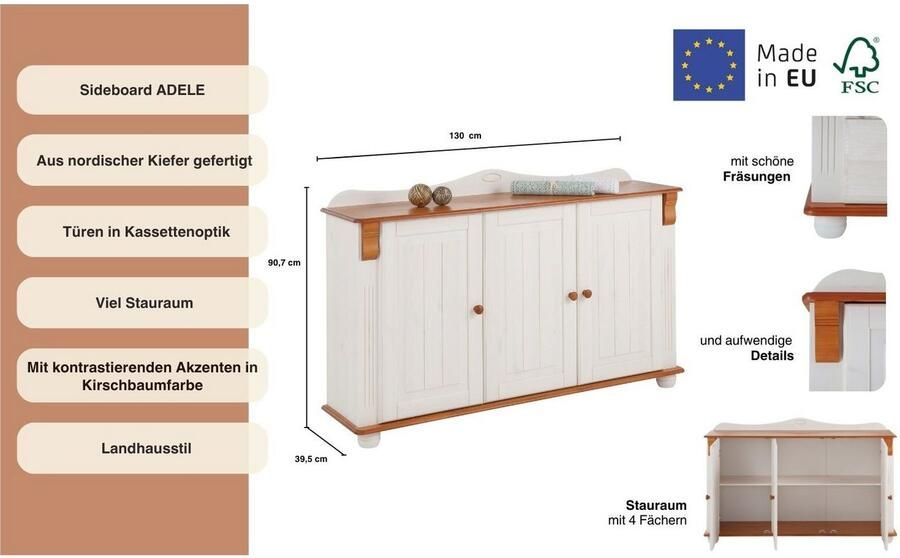 Home affaire Dressoir ADELE Commode 3-deurs breedte 130 cm van massief dennenhout FSC - Foto 8