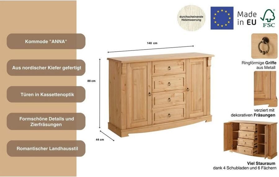 Home affaire Dressoir ANNA Commode van massief dennenhout FSC breedte 140 cm - Foto 9