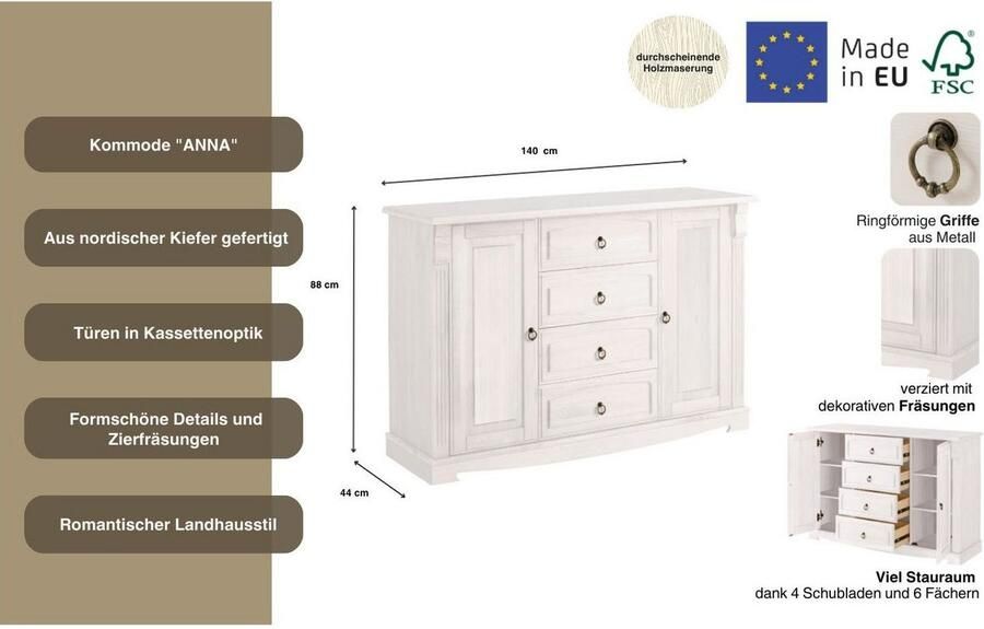 Home affaire Dressoir ANNA Commode van massief dennenhout FSC breedte 140 cm - Foto 3