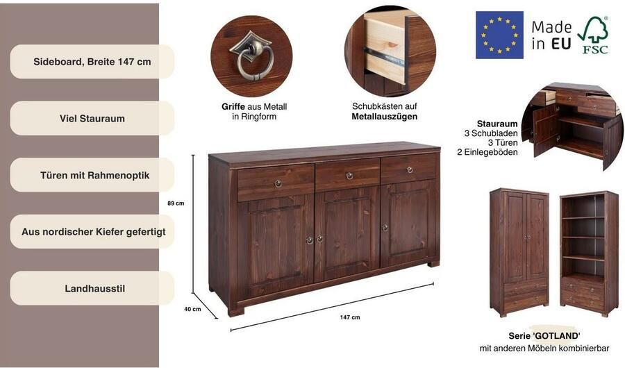 Home affaire Dressoir Gotland Commode breedte 147 cm van massief dennenhout FSC - Foto 7
