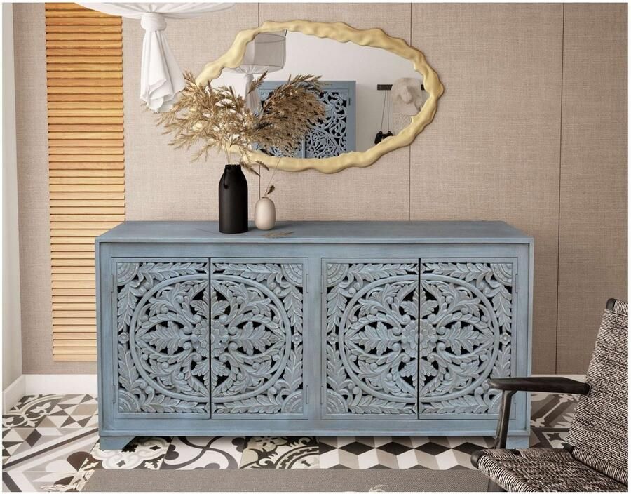 Home affaire Dressoir Kenmare Commode van mangohout decoratieve snijwerk breedte 170 cm - Foto 2