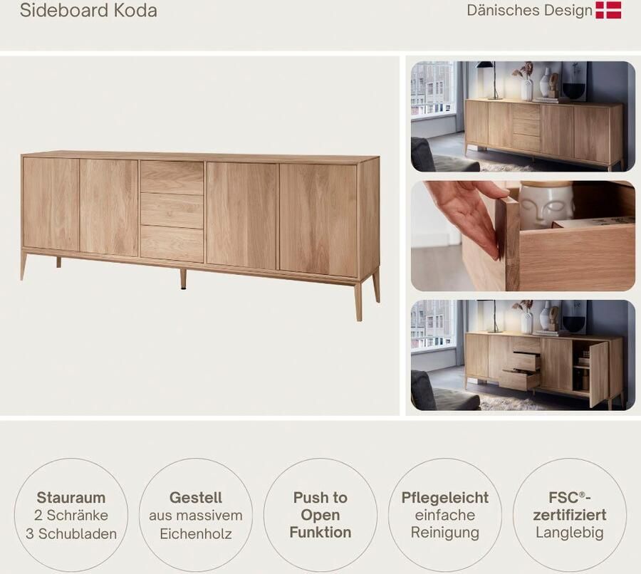 Home affaire Dressoir Koda dressoir met 2 kasten & 3 laden push-to-open-functie Massief eikenhout verstelbare legplanken Minimalistische stijl - Foto 2