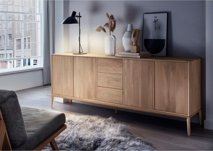 Home affaire Dressoir Koda dressoir met 2 kasten & 3 laden push-to-open-functie Massief eikenhout verstelbare legplanken Minimalistische stijl - Foto 7