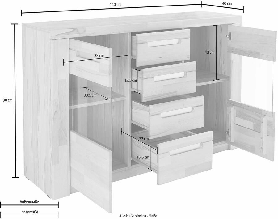 Home affaire Dressoir Kolding Breedte 140 cm met 2 glasdeuren