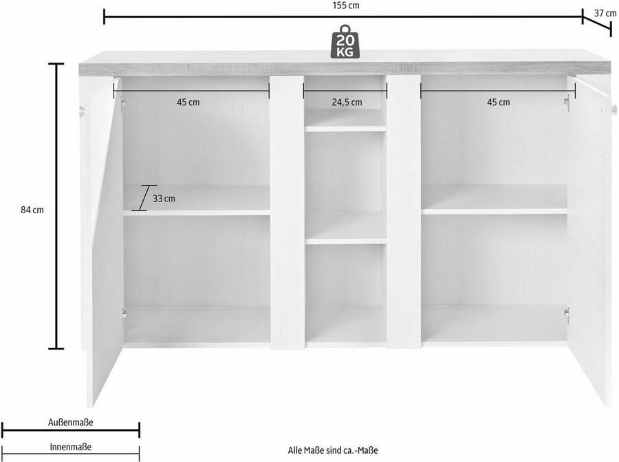 Home affaire Dressoir Larona tijdloze commode met 2 deuren deurkast breedte 155 cm Hoogte 84 cm veel opbergruimte dressoir met decoratieve lijstlook