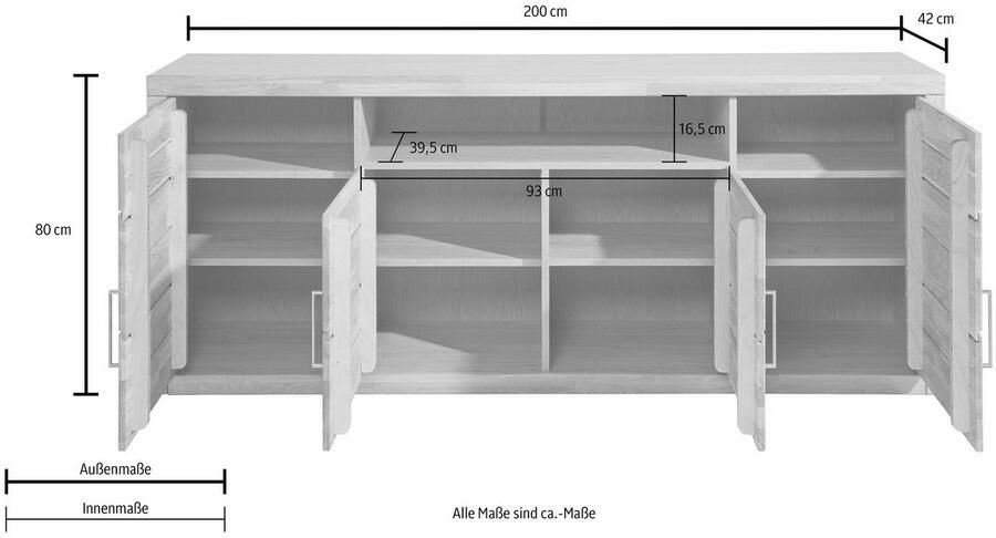Home affaire Dressoir Logo 200cm breed 42 cm diep fronten massief hout 11 vakken Kernbeukenhout massief houtmateriaal 4 deuren 11 vakken verstelbare planken