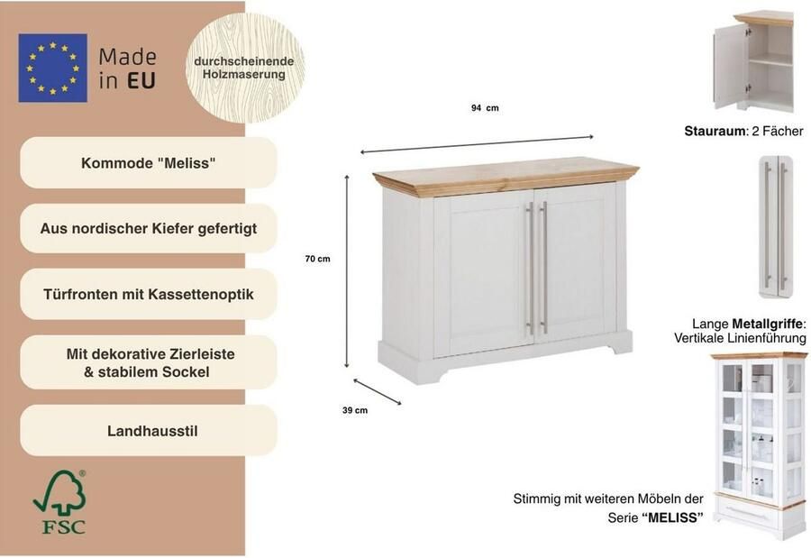 Home affaire Dressoir Meliss Commode in klassieke landhuisstijl massief hout FSC breedte 94 cm - Foto 4