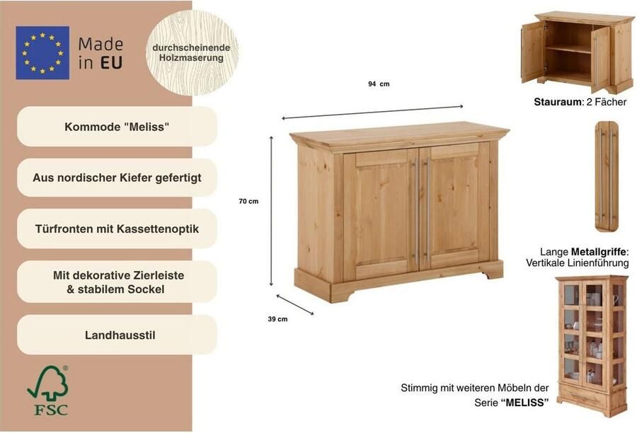 Home affaire Dressoir Meliss Commode in klassieke landhuisstijl massief hout FSC breedte 94 cm - Foto 5