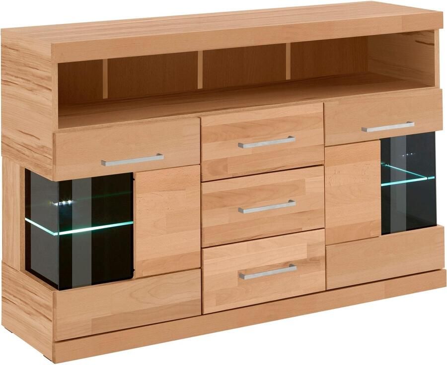 Home affaire Dressoir Ribe 125cm breed fronten massief hout 5 vakken variabele bodems Corpus houtmateriaal deuren met glazen inzet 3 laden metalen grepen - Foto 2
