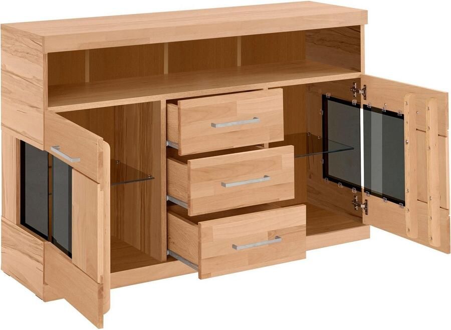 Home affaire Dressoir Ribe 125cm breed fronten massief hout 5 vakken variabele bodems Corpus houtmateriaal deuren met glazen inzet 3 laden metalen grepen - Foto 4