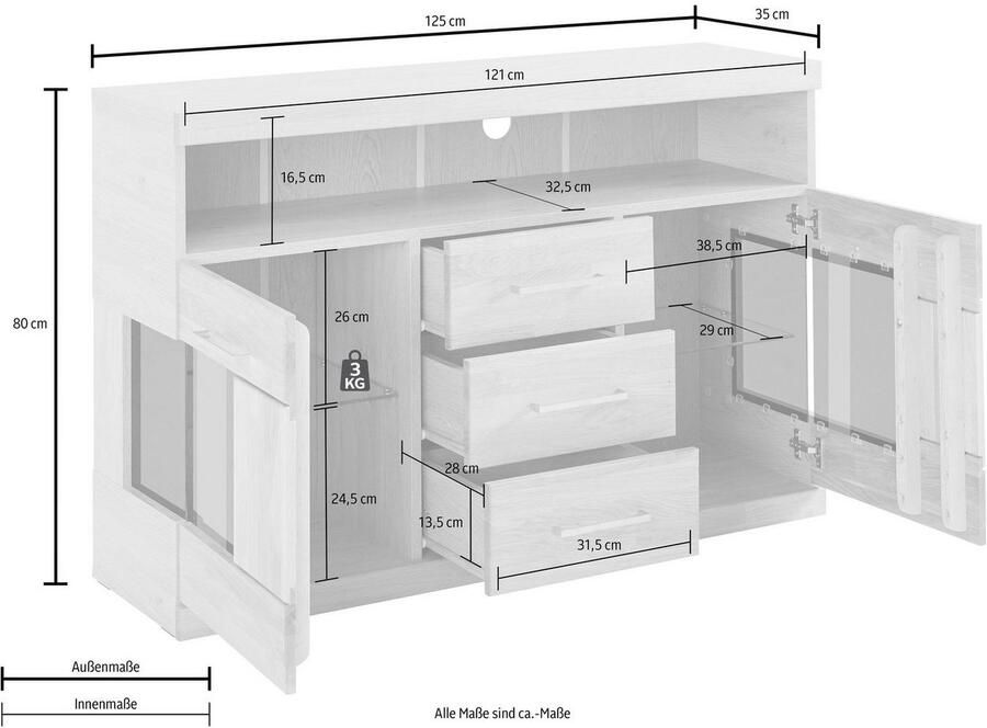 Home affaire Dressoir Ribe 125cm breed fronten massief hout 5 vakken variabele bodems Corpus houtmateriaal deuren met glazen inzet 3 laden metalen grepen - Foto 3