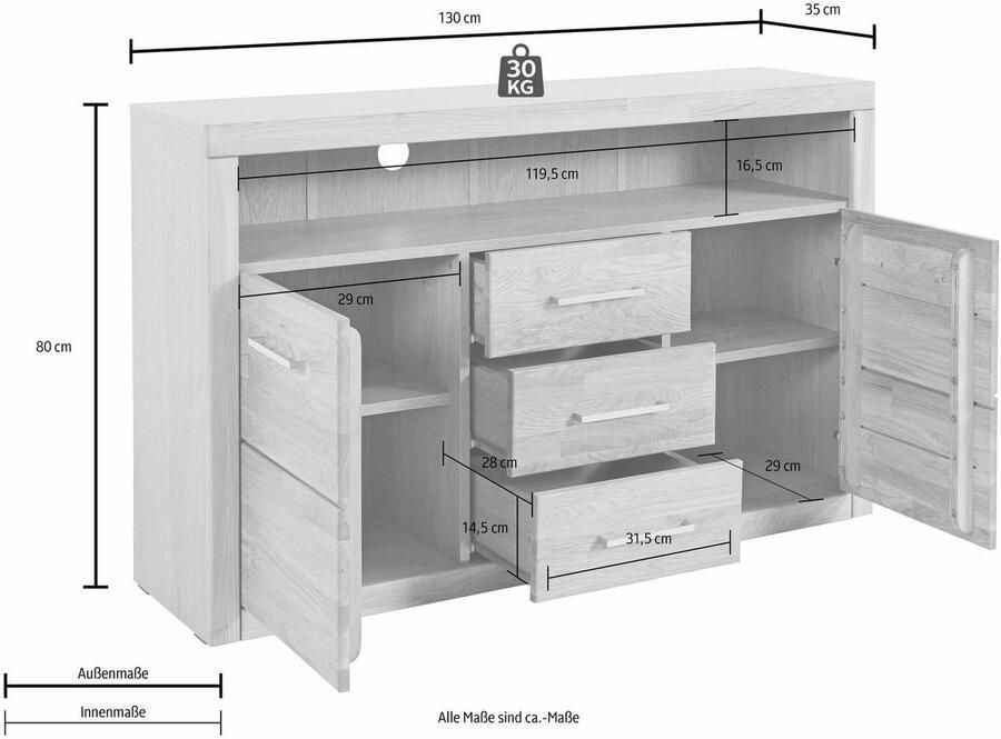 Home affaire Dressoir Ribe 130cm breed 80cm hoog 6 vakken Hout massief houtmateriaal metalen handgrepen 2 deuren 3 laden