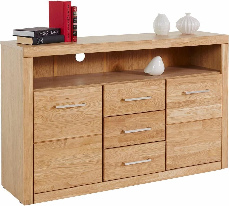 Home affaire Dressoir Ribe 130cm breed 80cm hoog bovenblad massief hout 6 vakken Hout massief houtmateriaal metalen handgrepen 2 deuren 3 laden - Foto 2